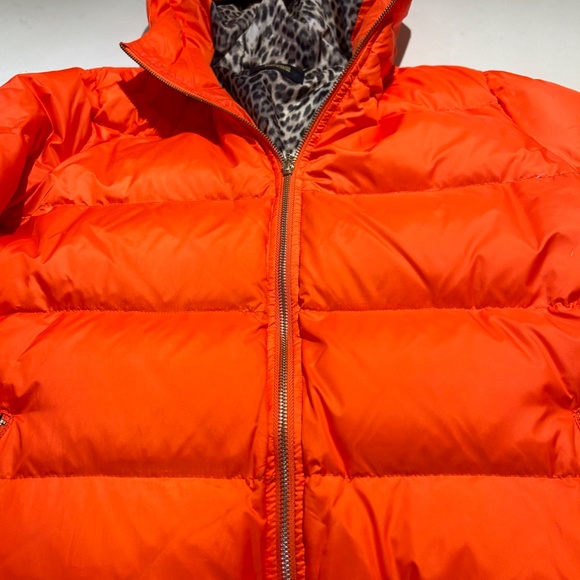 CAVALLI CLASS Woman's Orange Puff Bomber Jacket with hood, Animal Print lining - Picture 6 of 8